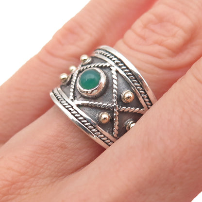 925 Sterling Silver 14K Gold Vintage Real Green Onyx Oxidized Ring Size 6