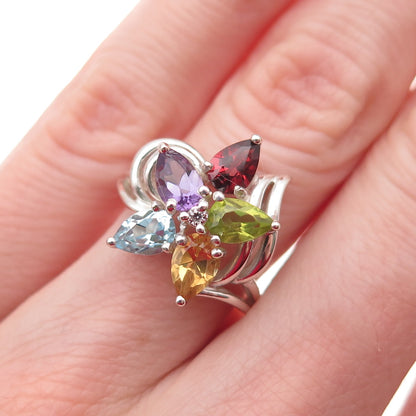 925 Sterling Vintage Real Topaz Citrine Amethyst Garnet & Peridot Ring Size 5