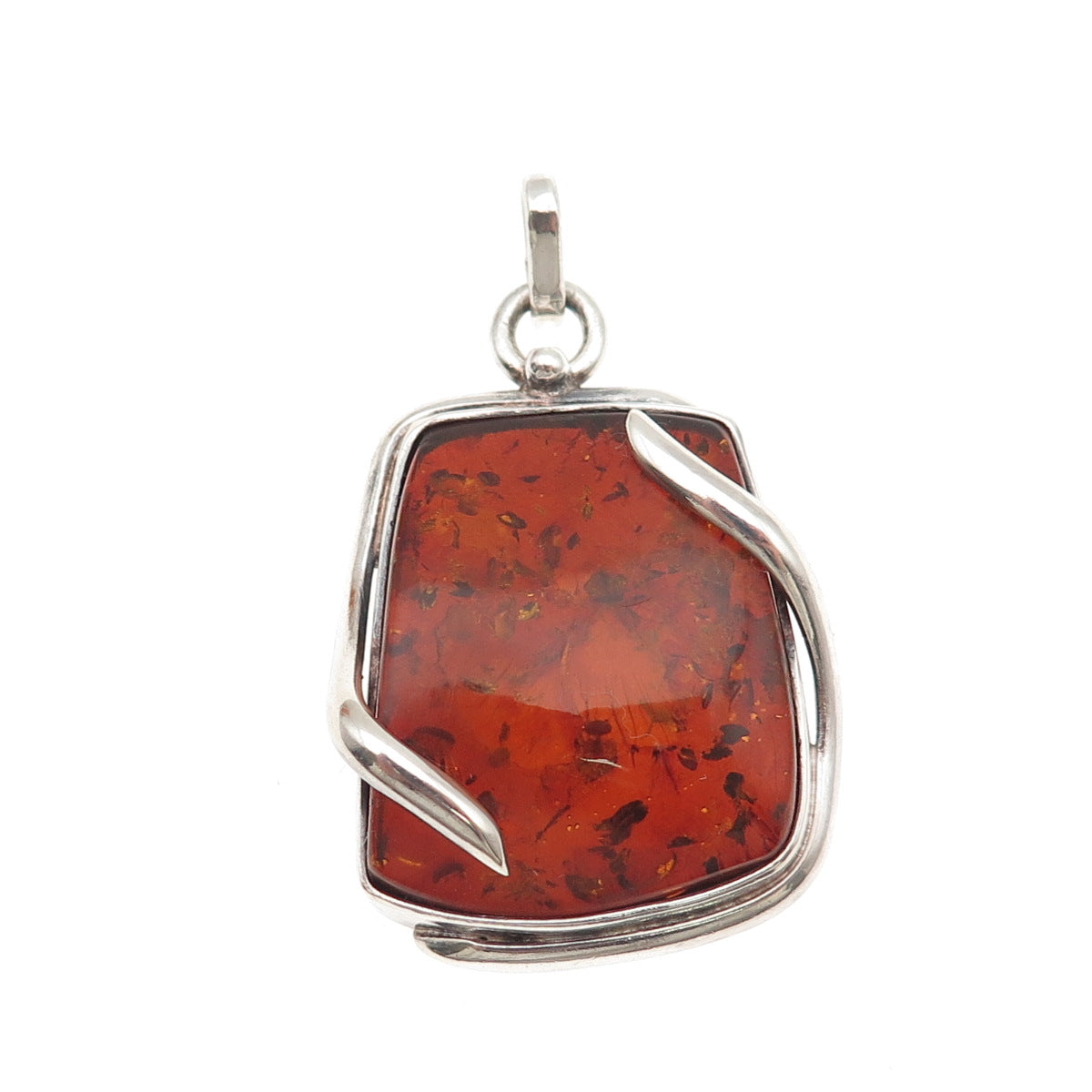 925 Sterling Silver Vintage Real Amber Modernist Oxidized Pendant
