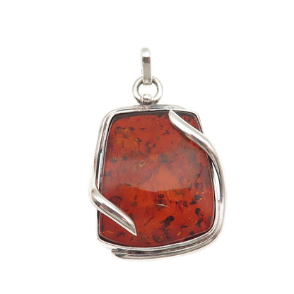 925 Sterling Silver Vintage Real Amber Modernist Oxidized Pendant