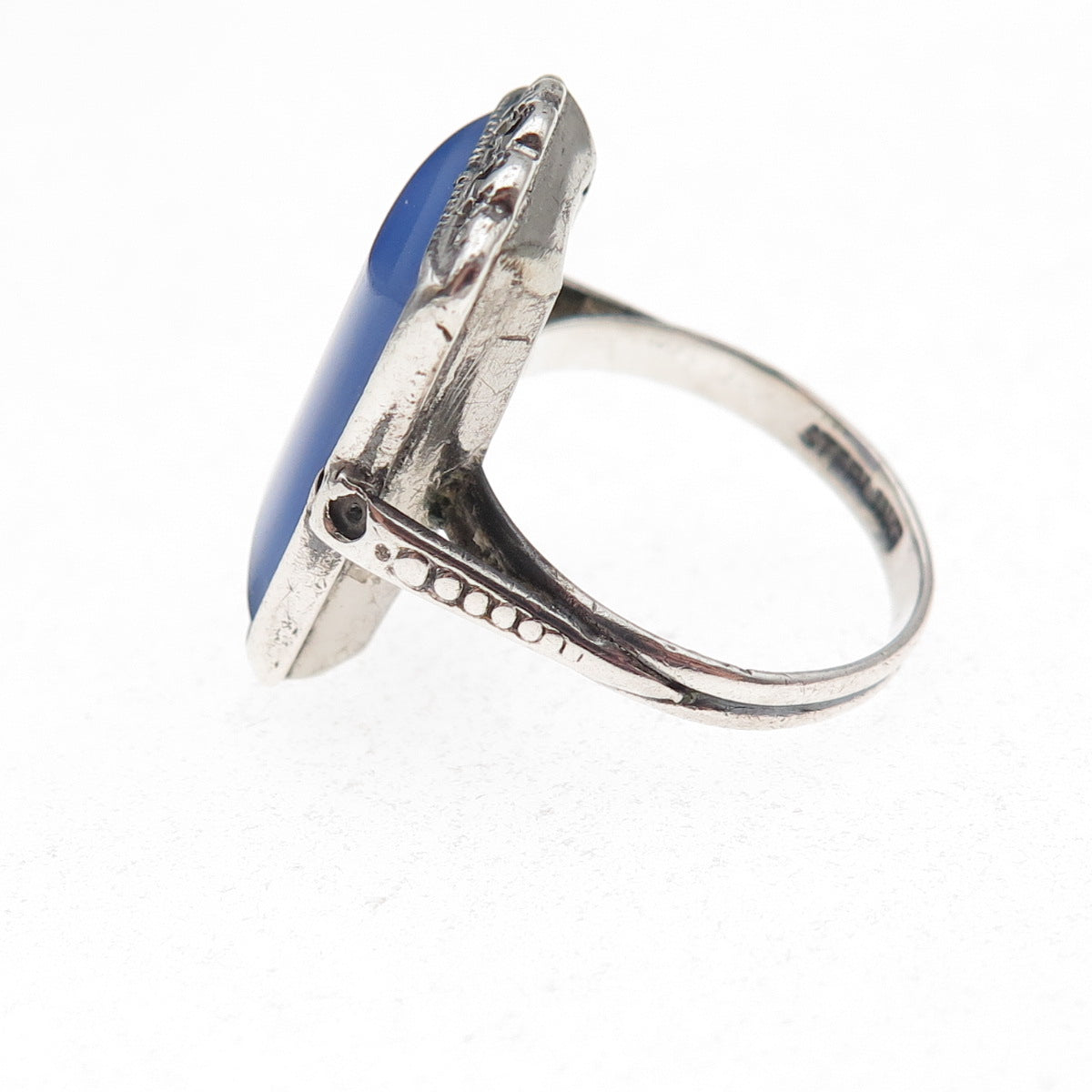 925 Sterling Antique Real Chalcedony & Marcasite Ring Size 5.75 (missing stone)
