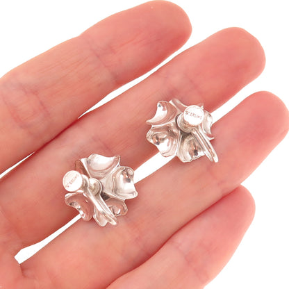 925 Sterling Silver Antique Art Deco Rose Flower Oxidized Screw Back Earrings
