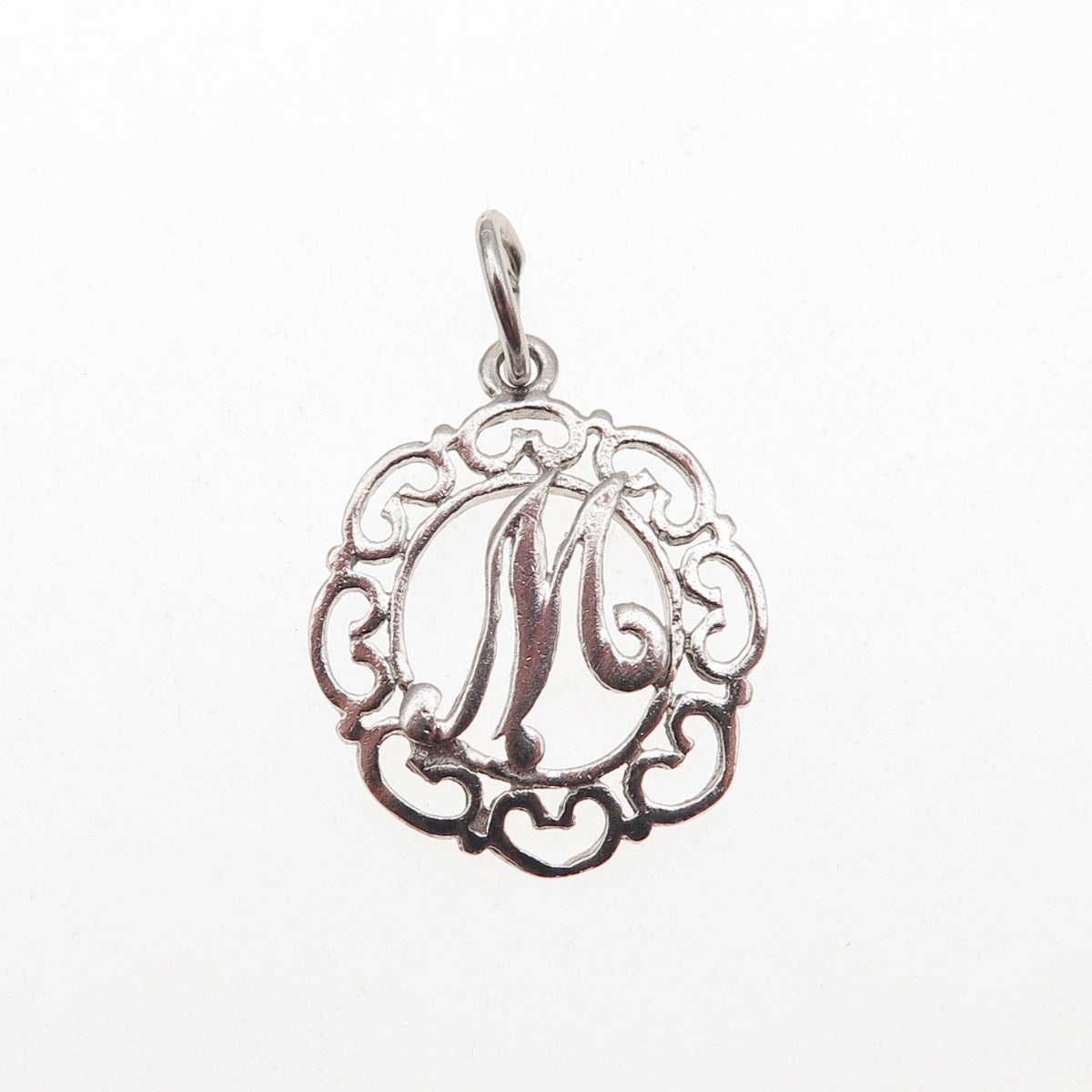 925 Sterling Silver Vintage Letter M initial Heart Ornate Mini Charm Pendant