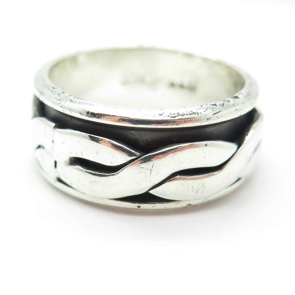 925 Sterling Silver Vintage Mexico Braided Rotating Band Oxidized Ring Size 10.5