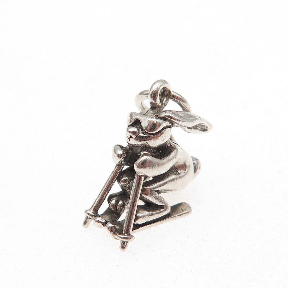 925 Sterling Silver Vintage Ski Bunny Oxidized 3D Mini Charm Pendant