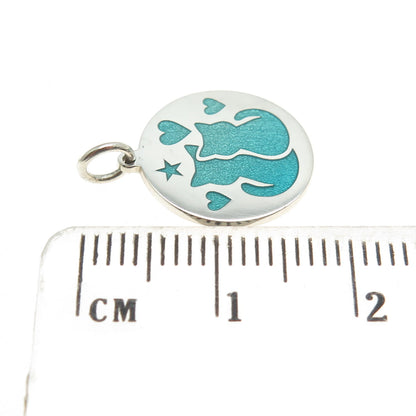 925 Sterling Silver Turquoise Enamel Cat Heart Round Minimalist Charm Pendant