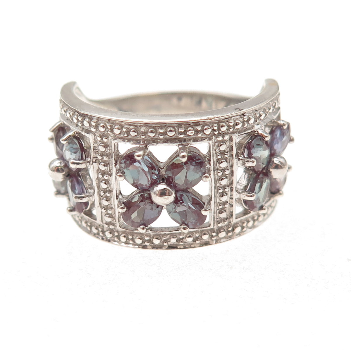925 Sterling Silver Lab-Created Peacock Sapphire Floral Ring Size 9