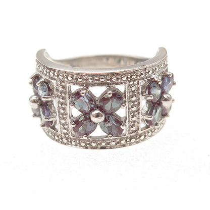 925 Sterling Silver Lab-Created Peacock Sapphire Floral Ring Size 9