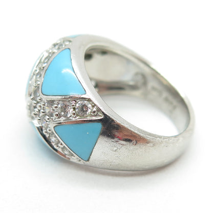 925 Sterling Silver Round-Cut Shaped C Z & Blue Enamel Ring Size 6