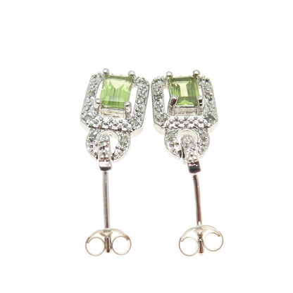 925 Sterling Silver Real Round-Cut Diamond & Emerald-Cut Peridot Dangle Earrings