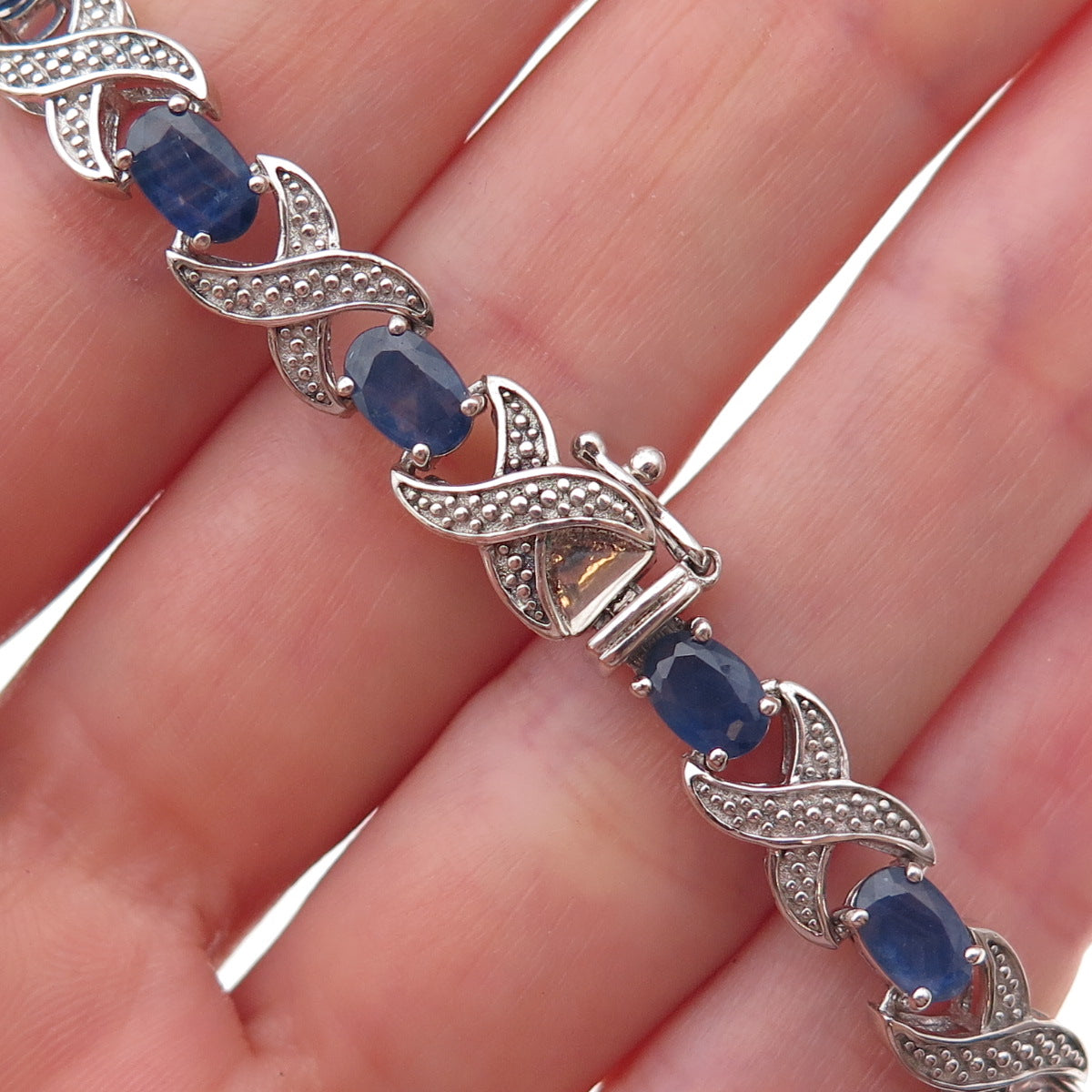 925 Sterling Silver Real Diamond & Sapphire X-Link Bracelet 7.25"