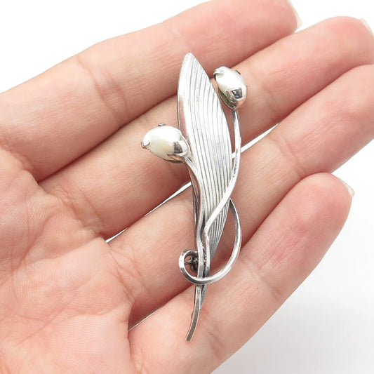925 Sterling Silver Antique Art Deco Germany Faux Pearl Leaf Floral Pin Brooch