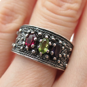925 Sterling Silver Vintage Real Garnet Peridot Amethyst Oxidized Ring Size 6.5
