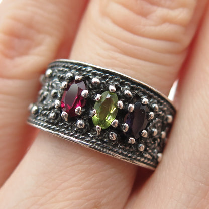 925 Sterling Silver Vintage Real Garnet Peridot Amethyst Oxidized Ring Size 6.5