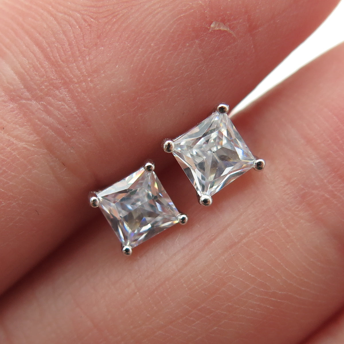 925 Sterling Silver Princess-Cut C Z Stud Earrings