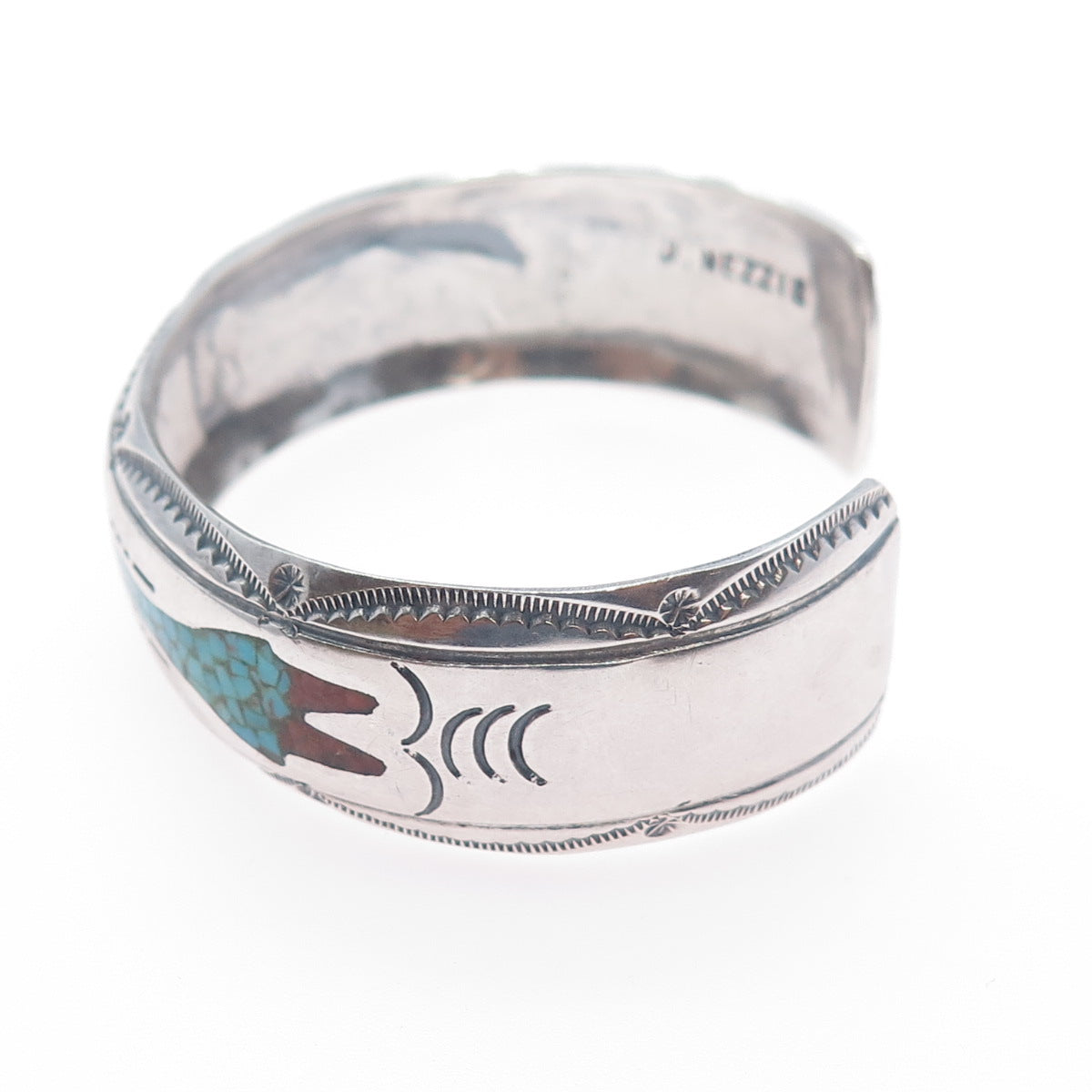 JIMMIE NEZZIE Old Pawn Sterling Turquoise Coral Inlay Adjustable Bracelet 6.25"