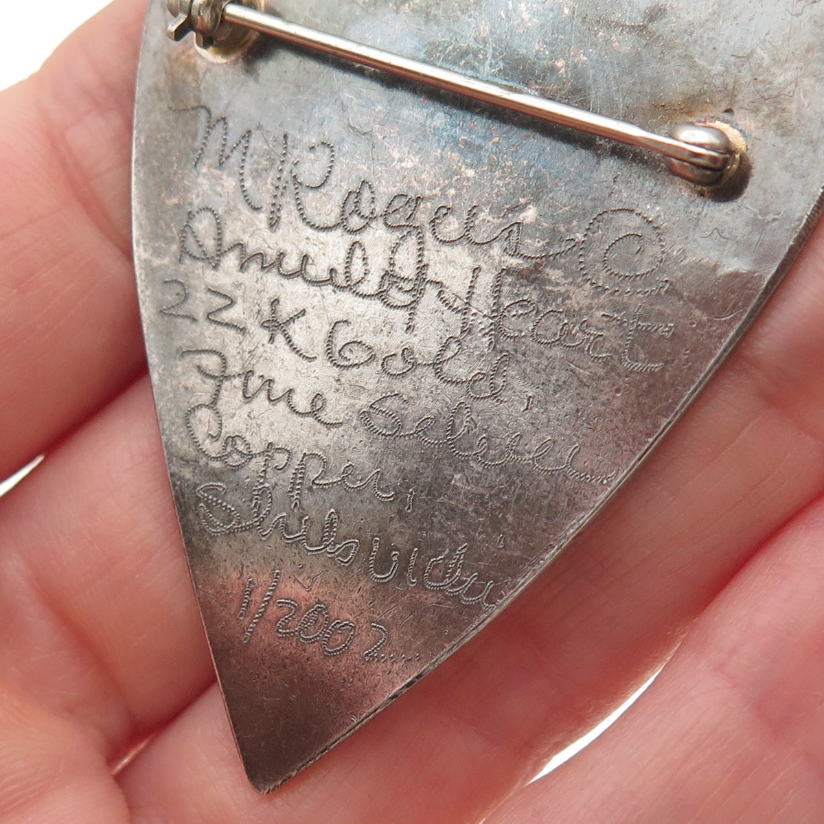 Mary Rogers 999 Fine Silver 22K Gold & Copper Vintage Amulet Heart Pin Brooch