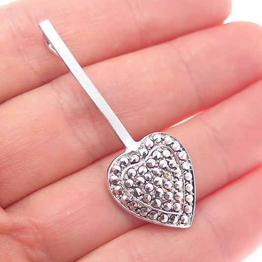 925 Sterling Silver Antique Real Marcasite Heart Drop Pendant (missing 1 stone)