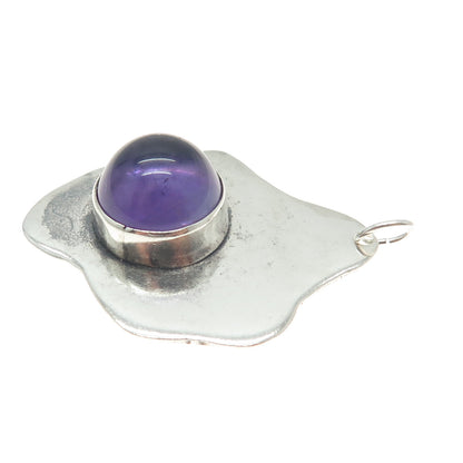 925 Sterling Silver Vintage Real Amethyst Gemstone Modernist Pendant