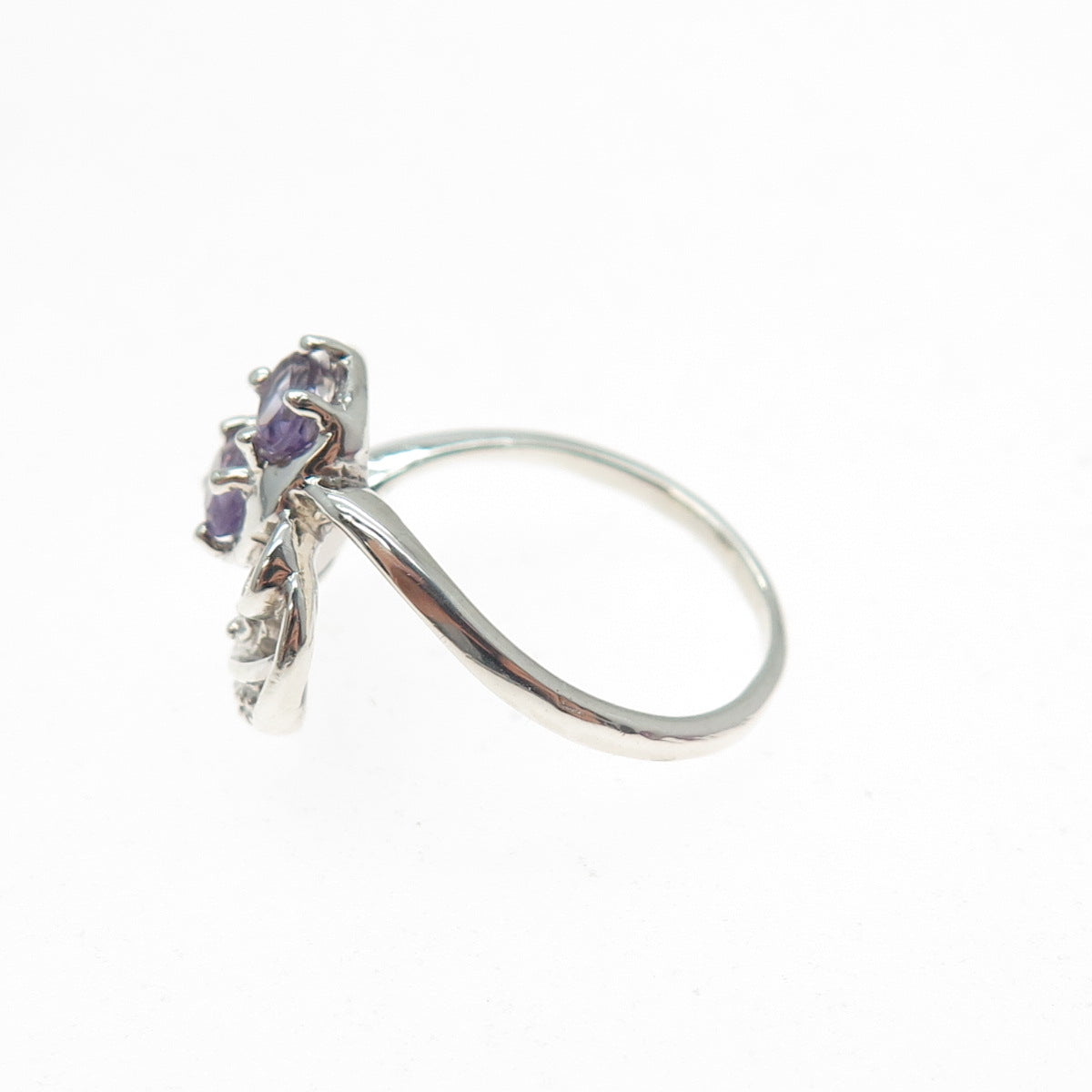 925 Sterling Silver Real Diamond Accent & Amethyst Floral Leaf Ring Size 6.75