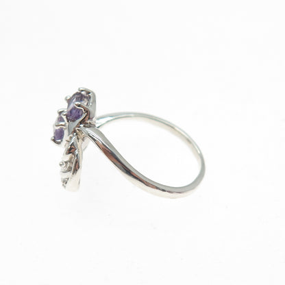 925 Sterling Silver Real Diamond Accent & Amethyst Floral Leaf Ring Size 6.75