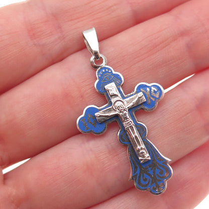 925 Sterling Silver Vintage Enamel Save & Protect Orthodox Cross Charm Pendant