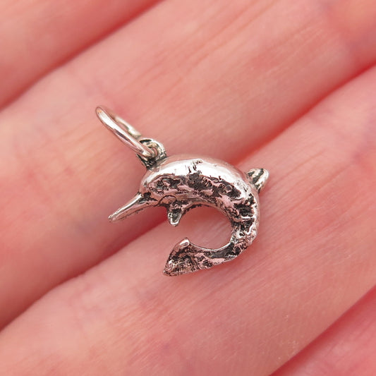 925 Sterling Silver Vintage Dolphin Oxidized Mini Charm Pendant