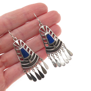 925 Sterling Silver Vintage Real Lapis Modernist Oxidized Dangle Earrings