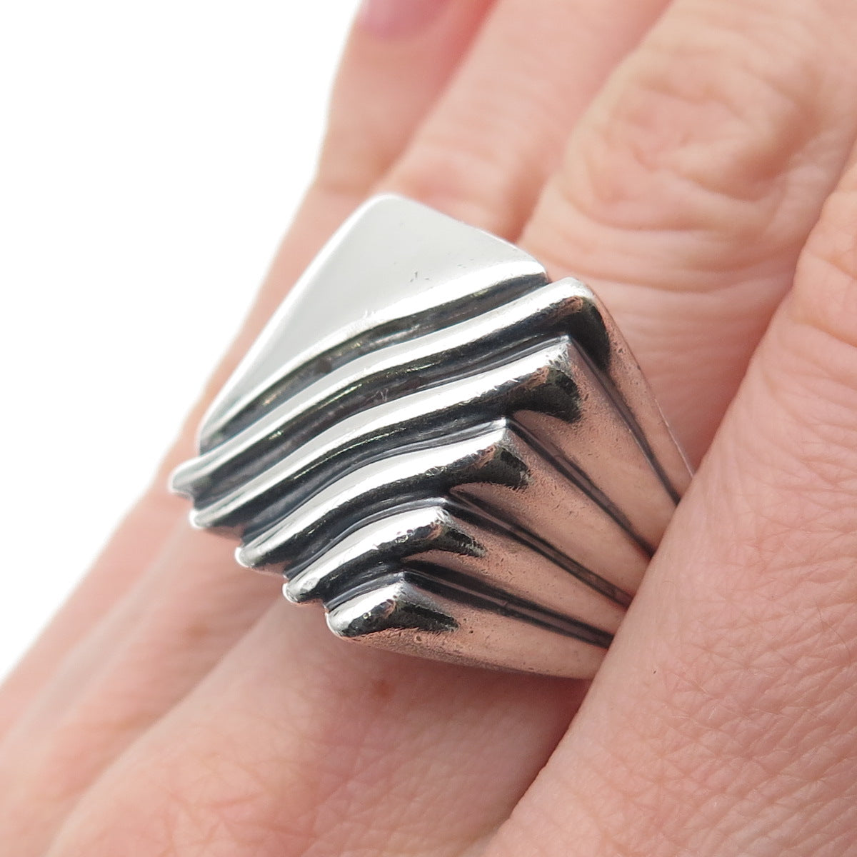 Carl Kallert 925 Sterling Silver Vintage Modernist Ribbed Oxidized Ring Size 7