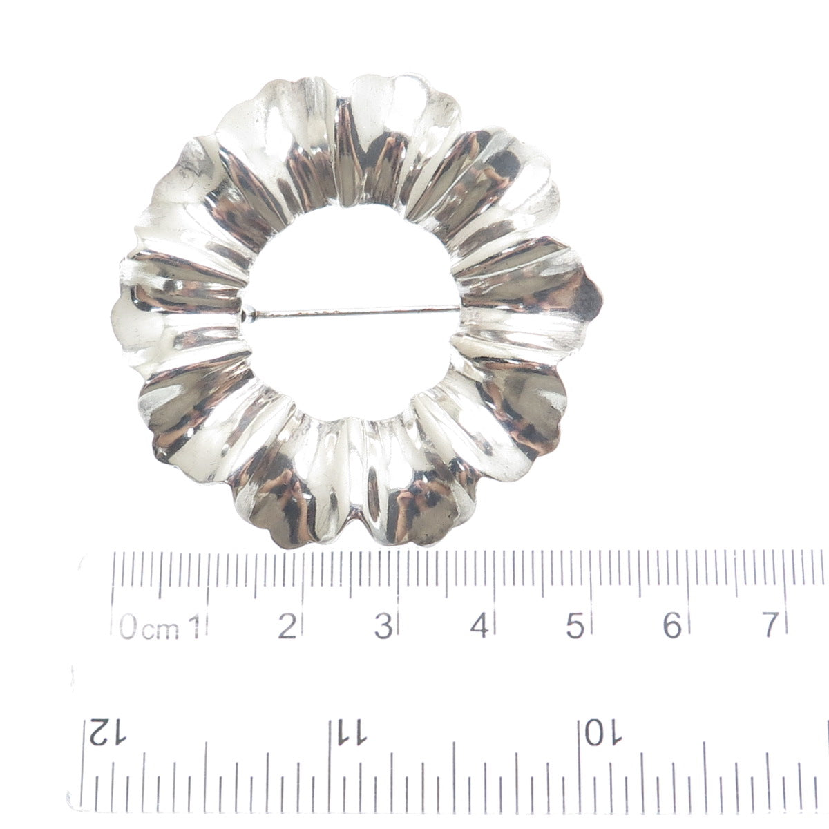 925 Sterling Silver Vintage Modernist Flower Circle Pin Brooch