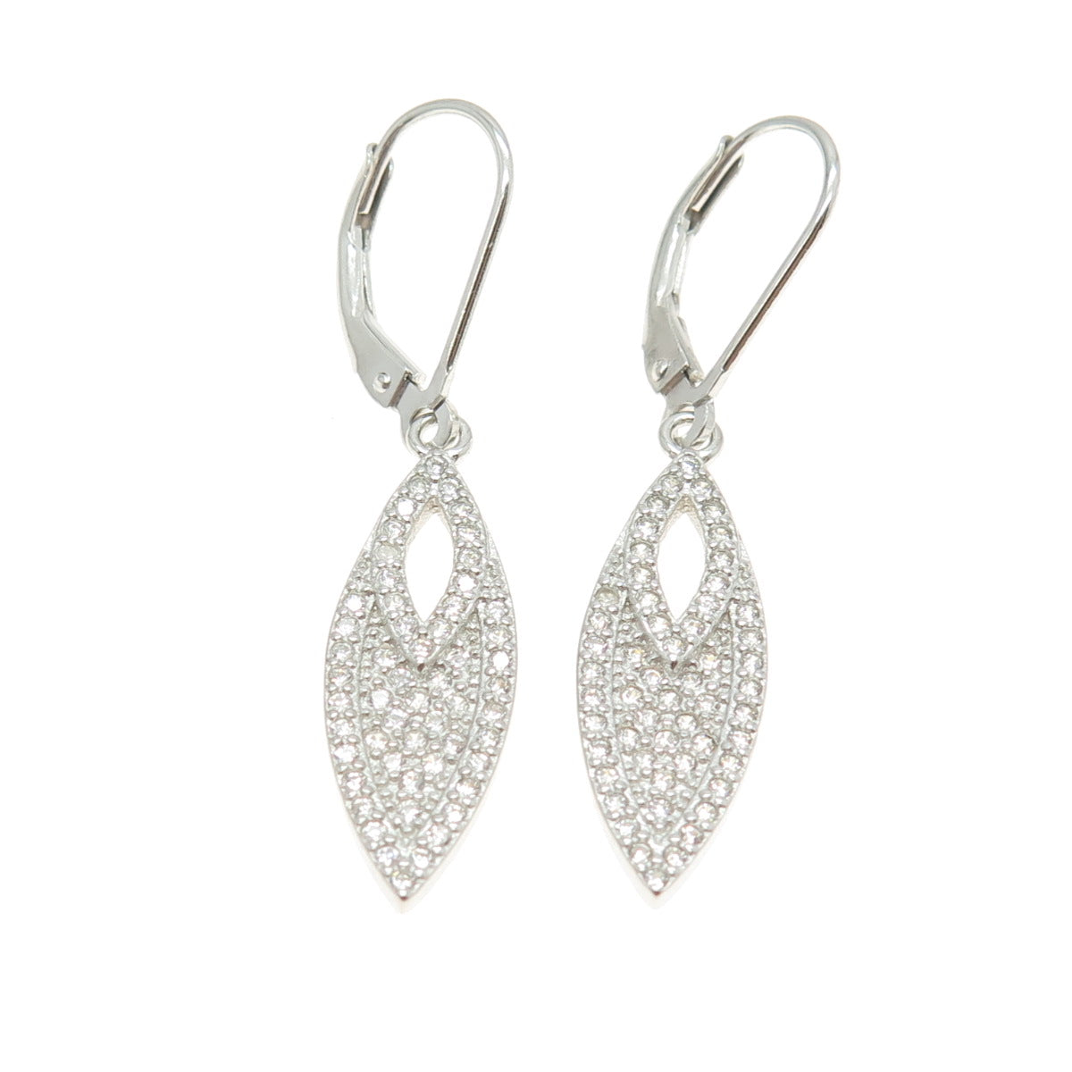 925 Sterling Silver Pave C Z Marquise Shape Dangling Earrings