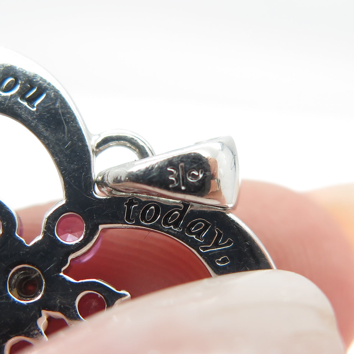 925 Sterling Silver Real White Diamond & Pink Sapphire Gem Heart Floral Pendant