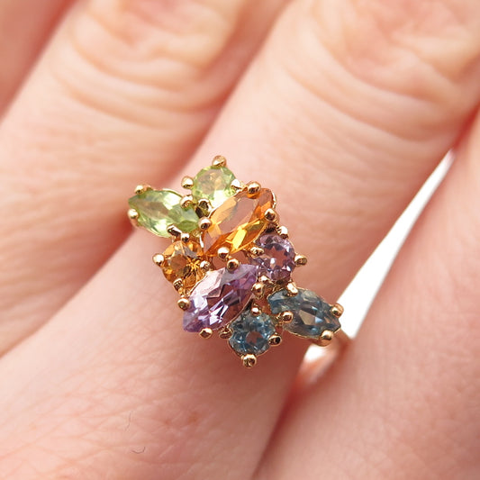 925 Sterling Silver Gold Plated Blue Topaz Citrine Peridot Amethyst Ring Size 7