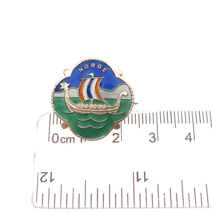 OF Hjortdahl 925S Sterling Gold Plated Vintage Norway Enamel Viking Ship Brooch