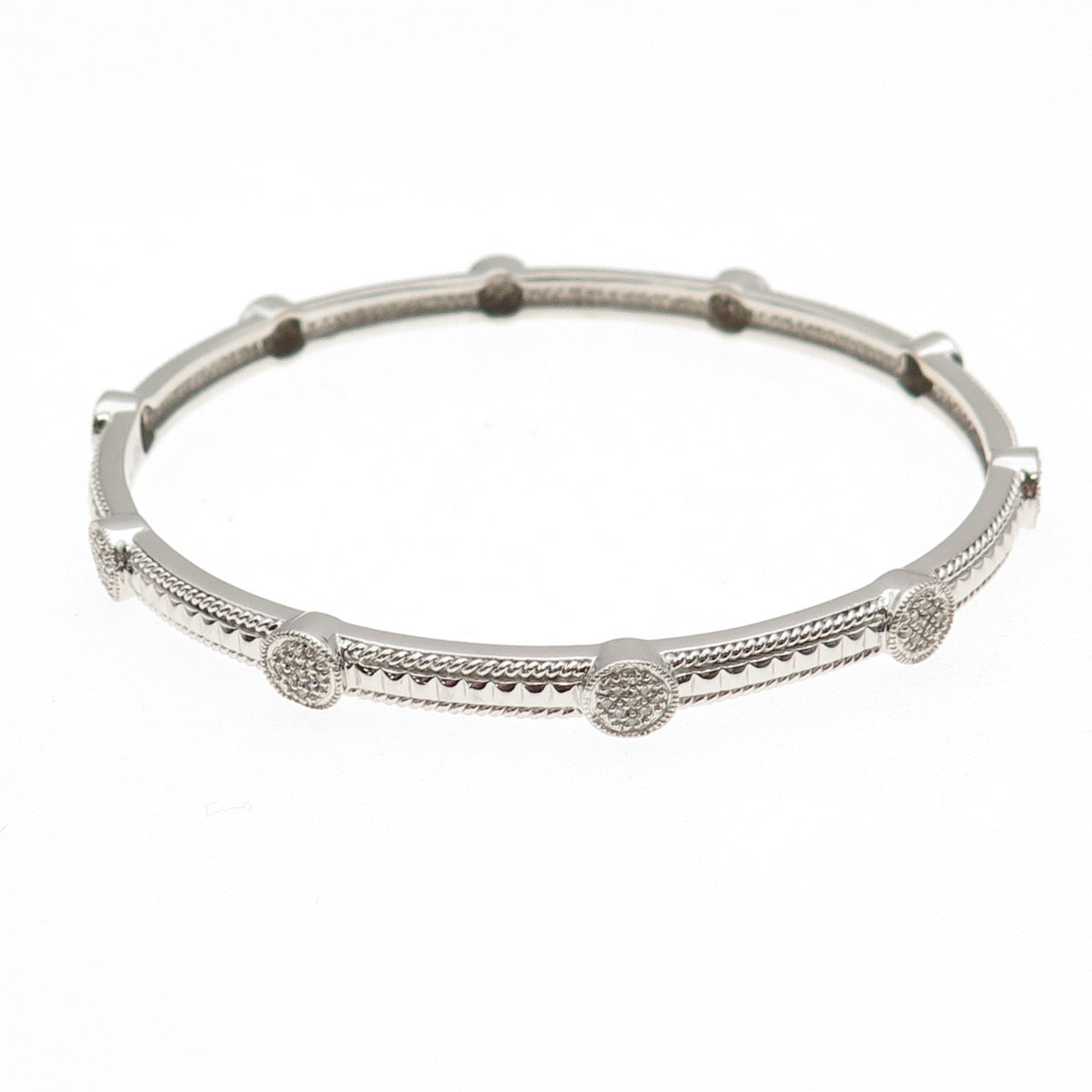 Leslie 925 Sterling Silver Real Round-Cut Diamond Station Bangle Bracelet 8.25"