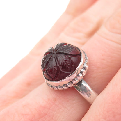 925 Sterling Silver Vintage Real Red Garnet Carved Flower Ring Size 8.25