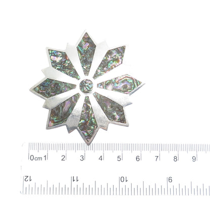 925 Sterling Silver Vintage Real Abalone Shell Flower Pin Brooch / Pendant