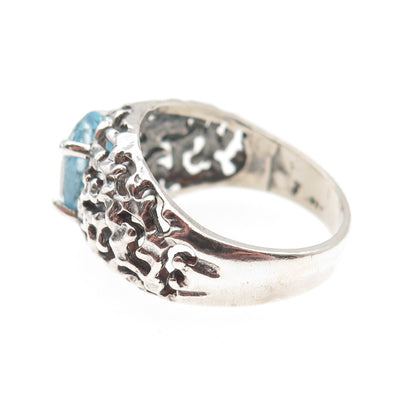 925 Sterling Silver Vintage Real Blue Topaz Modernist Oxidized Ring Size 9
