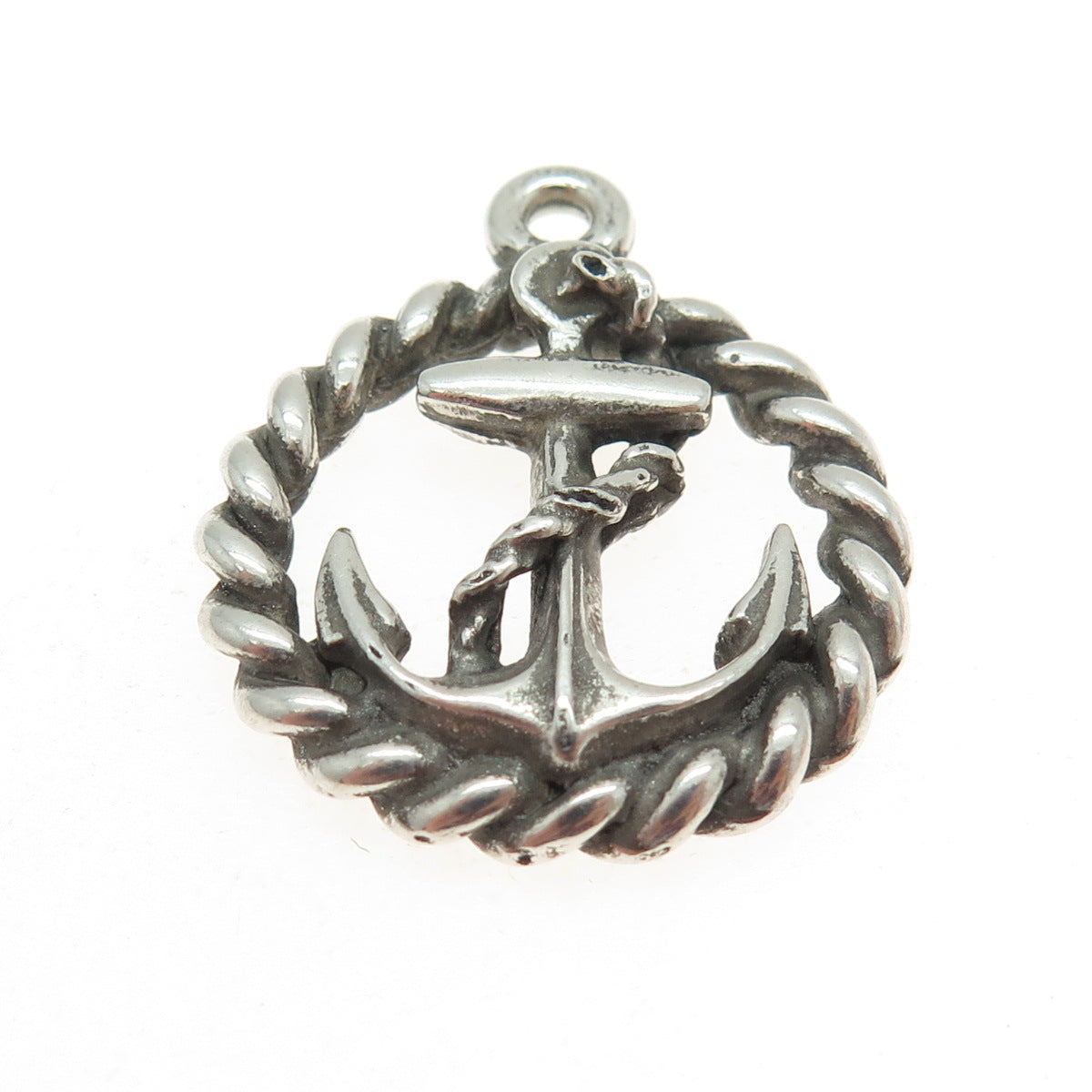 925 Sterling Silver Vintage Navy Anchor Roped Round Charm Pendant