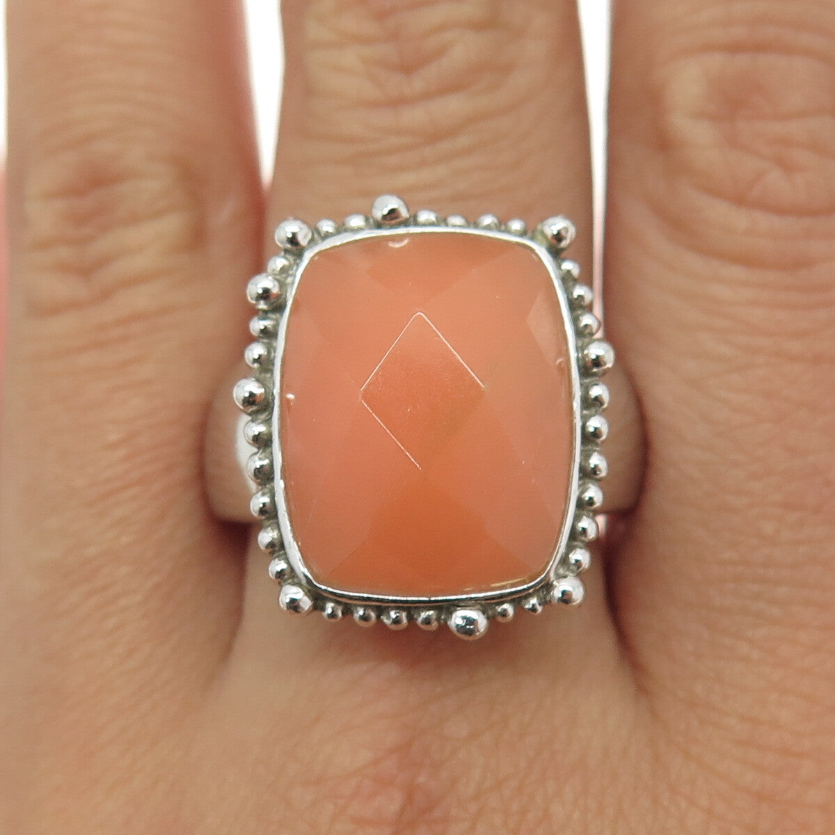 925 Sterling Silver Vintage Real Peach Mountain Jade Granulated Ring Size 10