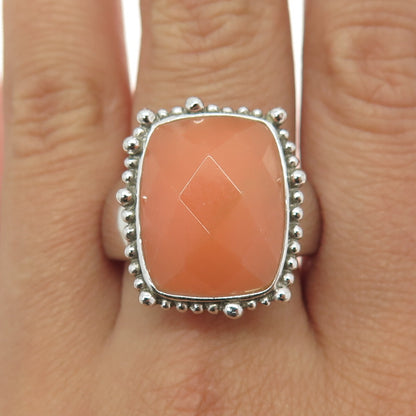 925 Sterling Silver Vintage Real Peach Mountain Jade Granulated Ring Size 10