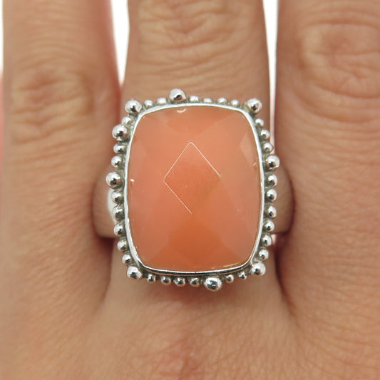 925 Sterling Silver Vintage Real Peach Mountain Jade Granulated Ring Size 10