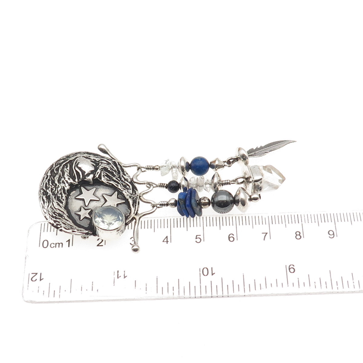 Alan Uchin Sterling Vintage Opalite Hematite Quartz & Lapis Crescent Pin Pendant