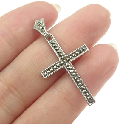 925 Sterling Silver Antique Art Deco Real Marcasite Gemstone Cross Pendant