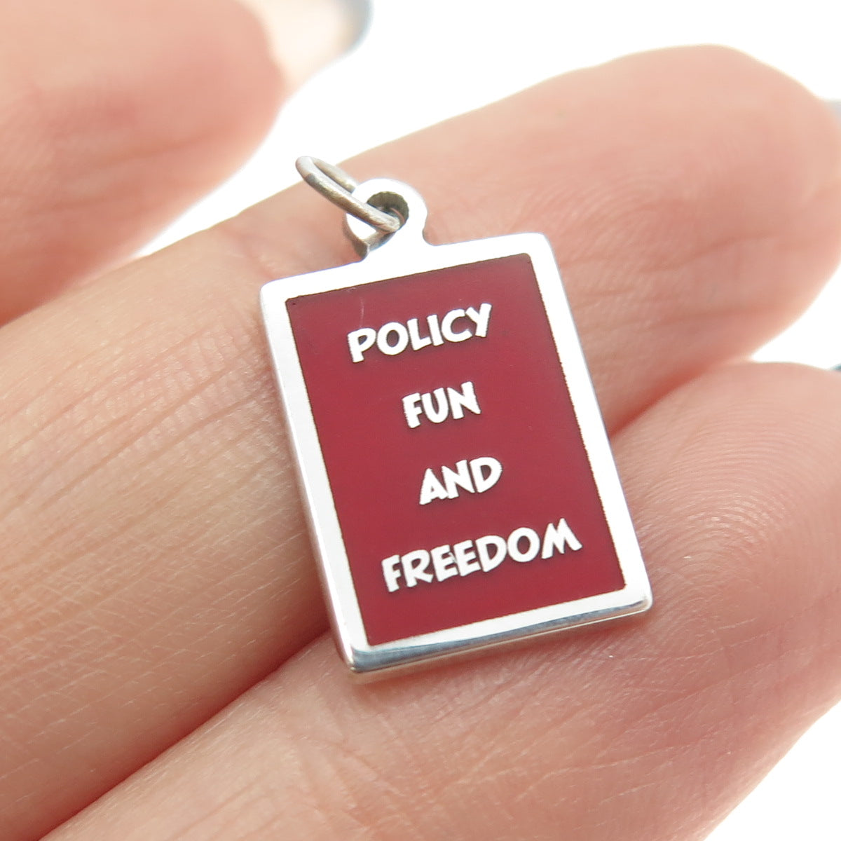 925 Sterling Silver Red Enamel "Policy Fun & Freedom" Minimalist Charm Pendant