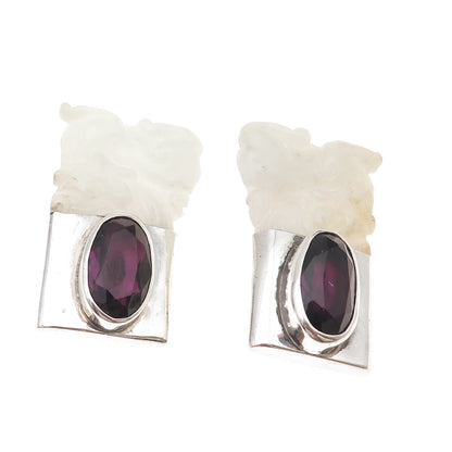 925 Sterling Vintage Real Jade & Amethyst Foo Dog Heavy 52.0g Clip On Earrings