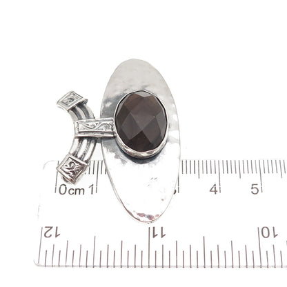 925 Sterling Silver Vintage Real Smoky Quartz Modernist Hammered Slide Pendant