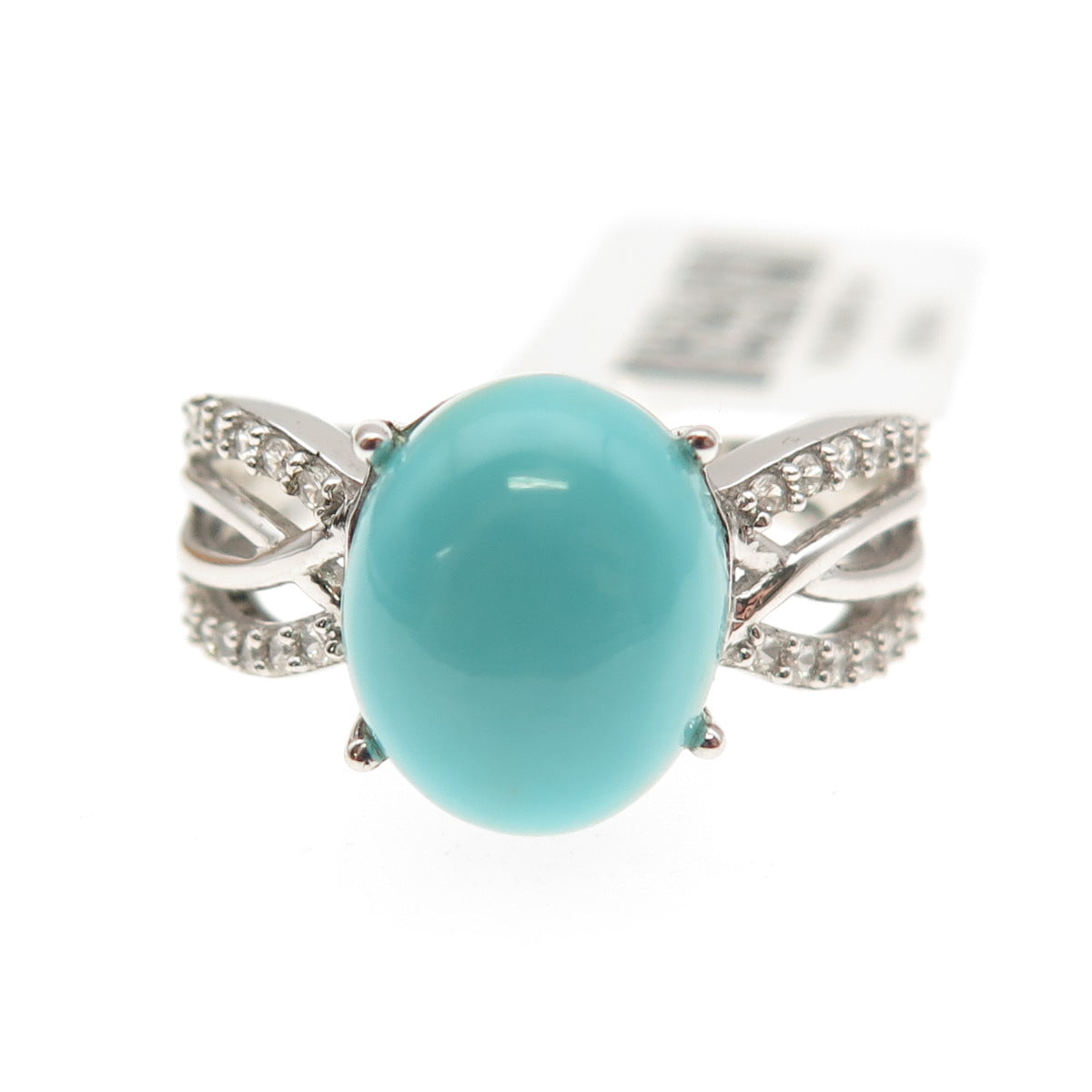 925 Sterling Silver Real Sleeping Beauty Turquoise & White Topaz Ring Size 8