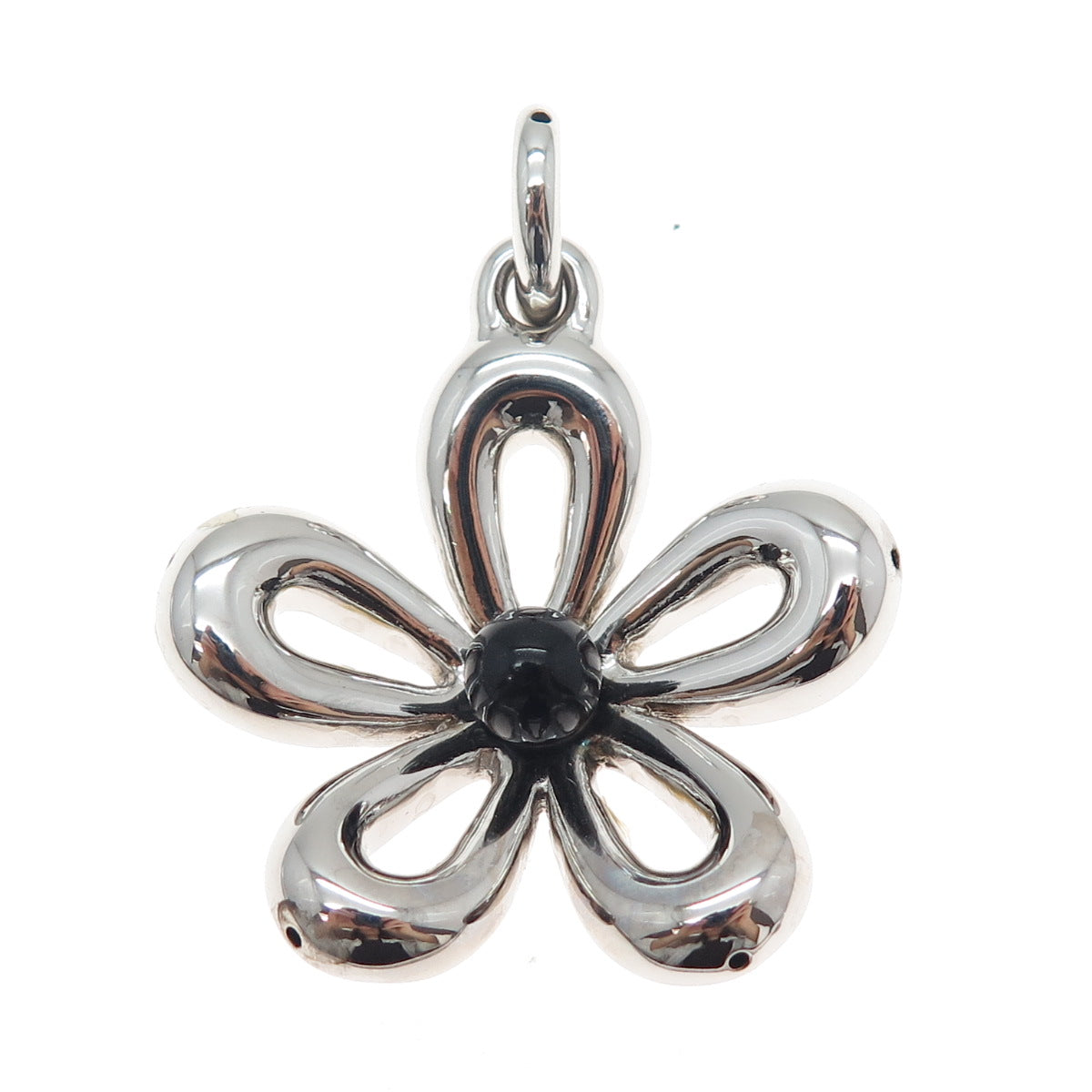 925 Sterling Silver Real Black Onyx Flower Blossom Charm Pendant