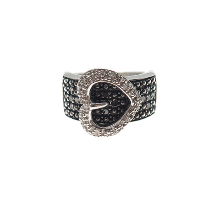 J. STELLA 925 Sterling Silver Real Black & White Diamond Buckle Ring Size 6.25